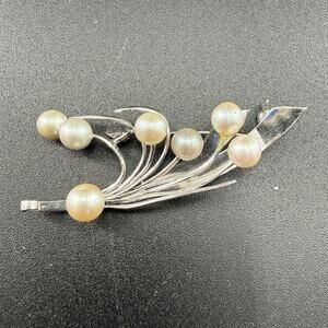 Vintage Sterling Silver Cultured Pearl Brooch Art Nouveau Floral Spray Pin